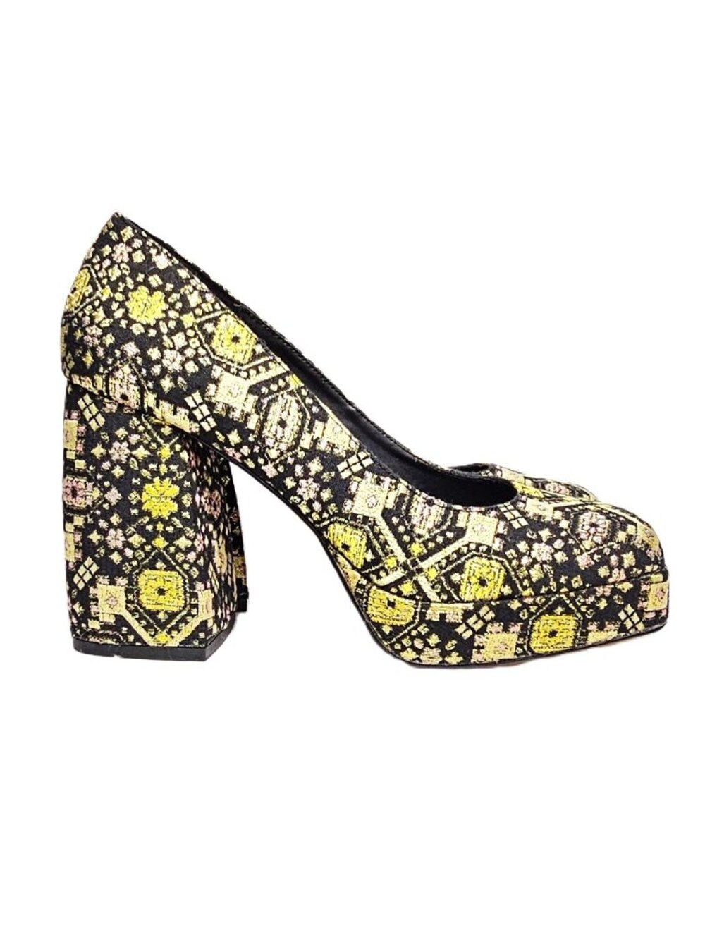 Katy Perry The Uplift Pump Sz 8.5 Black Gold Brocade Platform Block High Heels - Picture 4 of 10